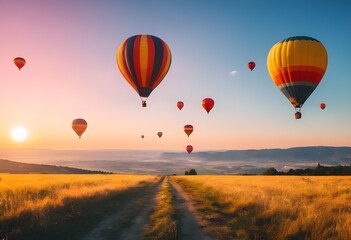 Obraz premium Colorful hot air balloons soaring over a stunning landscape at sunset in a picturesque valley