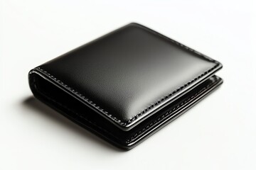 A mockup of a black leather wallet with a minimalist design, on a plain white background, in a high-end, classy style