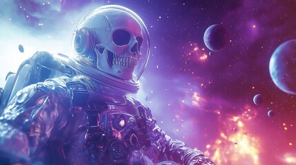 Skeleton astronaut in colorful galaxy with planets