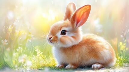 Sun-Kissed Innocence: Adorable Bunny Amidst Spring Blooms 