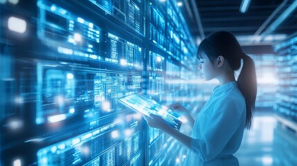 Woman Using Tablet Computer in Front of Blue Digital Wall with Data