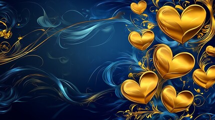 Majestic Love - Elegant Vector Illustration of Golden Hearts on Royal Blue Background with Abstract Swirls for Romantic Design, Regal Theme