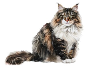 A beautiful long haired cat is sitting on a white surface, looking straight ahead