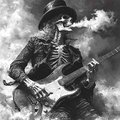 A smoking skeleton rockstar with an electric guitar, perfect for Halloween party promotions and themed events, with copy space.