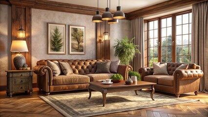 Cozy morning light fills rustic wood-accented living room featuring warm beige walls, rich walnut furniture, and plush velvet sofa in muted earthy tones, inviting relaxation.