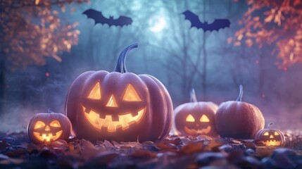 Obraz premium Halloween Pumkin in Spooky Forest with Bats