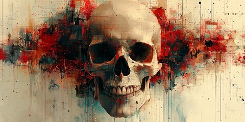 A modern trippy digital collage featuring a skull with abstract geometric elements, perfect for Halloween-themed designs, advertisements, or art. with copy space