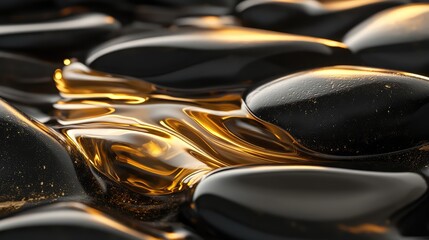 Golden liquid draped over sleek black rocks, with soft light reflections creating a luxurious, tranquil scene.