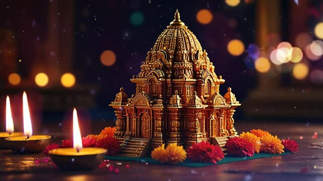 a temple with diwali celebration, smooth looping video 4k.