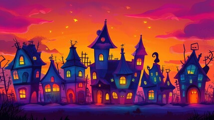 Spooky cartoon village at dusk with colorful skies