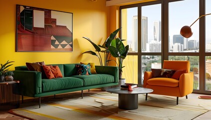 A modern living room with yellow walls, a green sofa and an orange armchair. The interior design features contemporary furniture against a wall showing a cityscape through large windows. 