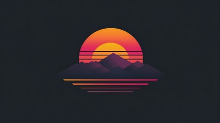 Obraz premium Minimalistic Sunrise Over Mountains Vector Graphic with Retro 80s Vibes on Dark Background