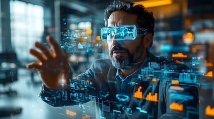 Fototapeta premium Man Using Augmented Reality Glasses for Data Analysis