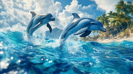 Fototapeta premium Digital Dolphin Dance: Hyper-Realistic Pod Leaping in Cinematic Ocean Waves Video Game Style Poster Design
