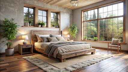 cozy retreat tranquil whitespace minimalist aesthetic soft morning light accentuates plush area rug beneath rustic reclaimed wood queen size bedframe