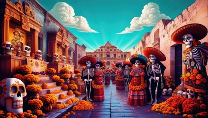 Colorful dia de los muertos ofrenda in vibrant mexican village setting