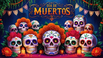 Vibrant dia de los muertos ofrenda with colorful sugar skulls and marigolds