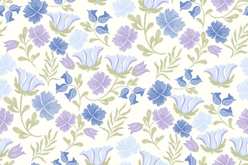 Floral pattern seamless minimal embroidery texture blue  flower motifs. Vintage watercolour brush style vector illustration design hand drawn .