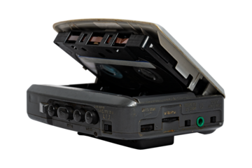 Old silver cassette player. Used. Isolated on transparent background