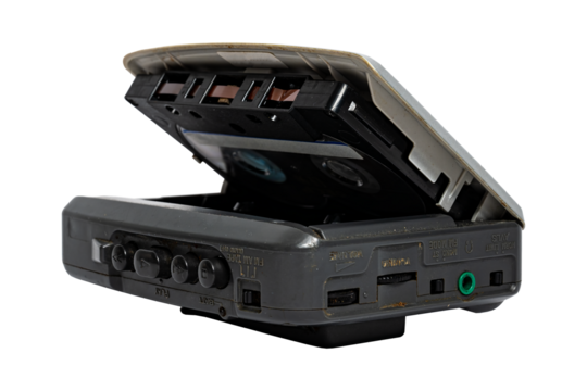 Old silver cassette player. Used. Isolated on transparent background