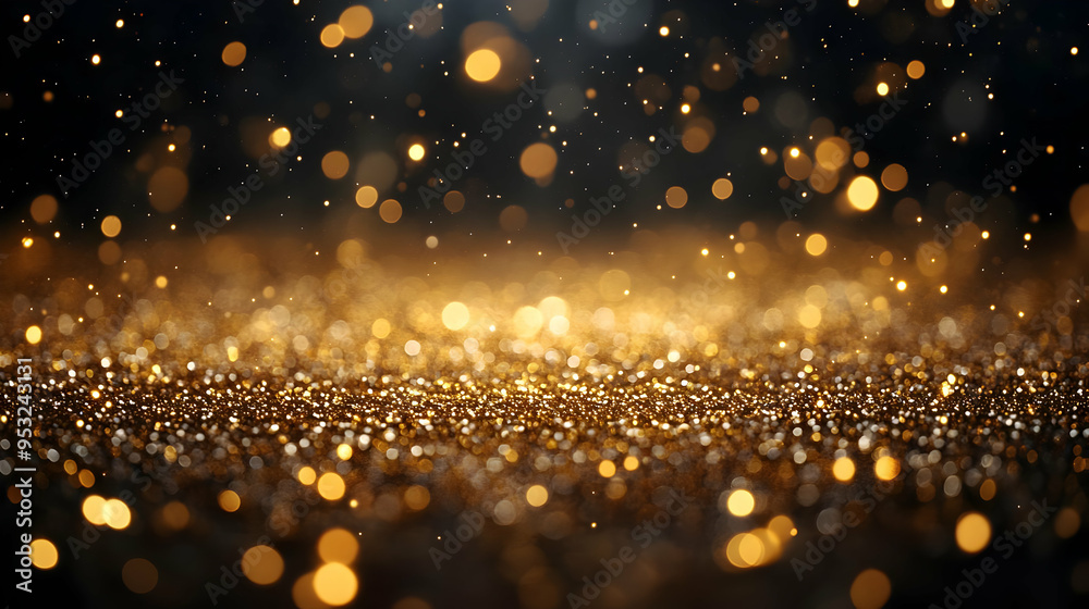 Poster Abstract black background with golden glitter and bokeh lights.