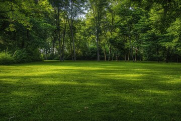 Fototapeta premium A serene landscape featuring a green field with trees in the background, suitable for use in nature-inspired designs and illustrations