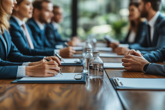 Point of view of chief executive officer in conference presentation, Selective focus meeting table with colleague and presentation information paper, Committed employee discussion in office.