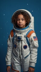 A young girl in a space suit is posing for a picture