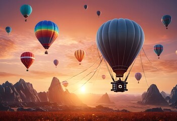 Colorful hot air balloons soaring over a stunning landscape at sunset in a picturesque valley