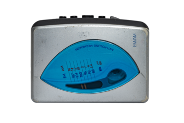 Old silver cassette player. Used. Isolated on transparent background