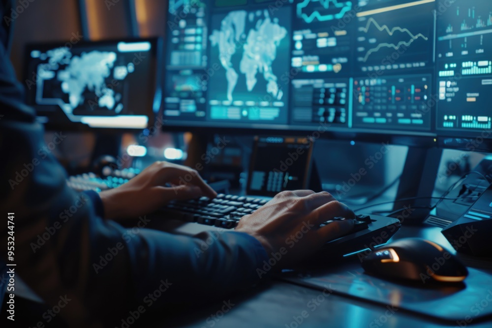 Poster a person working at their desk with multiple computer monitors