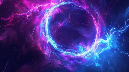 Abstract swirling purple and blue light streaks forming a glowing circular shape.
