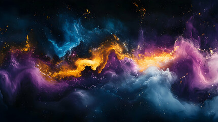 Abstract colorful nebula with swirls of blue, purple, and gold.
