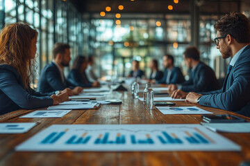 Point of view of chief executive officer in conference presentation, Meeting table with colleague and presentation information paper, Committed employee discussion in office.	