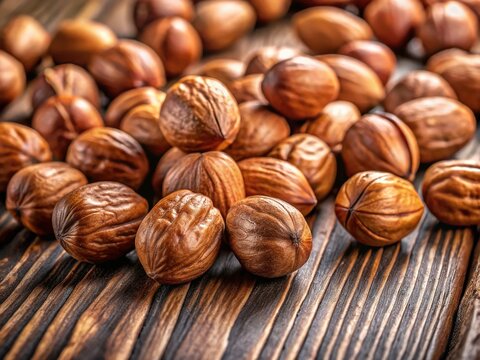 Close-up of charoli nuts, also known as ch ironuts, scattered on a wooden surface, showcasing their unique shape and brown color with subtle texture.