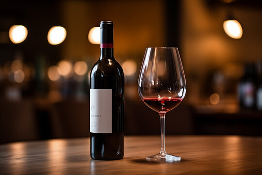 bottle of red wine next to half filled wine glass on wood table dim soft light with bokeh restaurant interior background