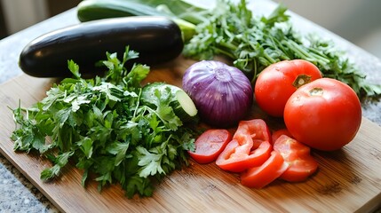 Freshly picked vegetables arranged on a wooden cutting board in soft natural light