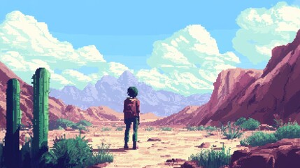 Fototapeta premium Retro Pixelated Character Embarking on a Nostalgic 16-Bit Desert Adventure in Pixel World