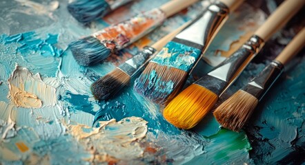 Fototapeta premium Vibrant paint palette with brushes set against a colorful backdrop of textured oil paints
