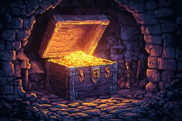 Retro Pixelated Treasure Chest in Dark 16-Bit Dungeon - Pixel Adventure Game Concept