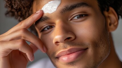 Obraz premium Serene Gender-Neutral Beauty: Man Applying Moisturizer in Daily Skincare Routine Close-Up