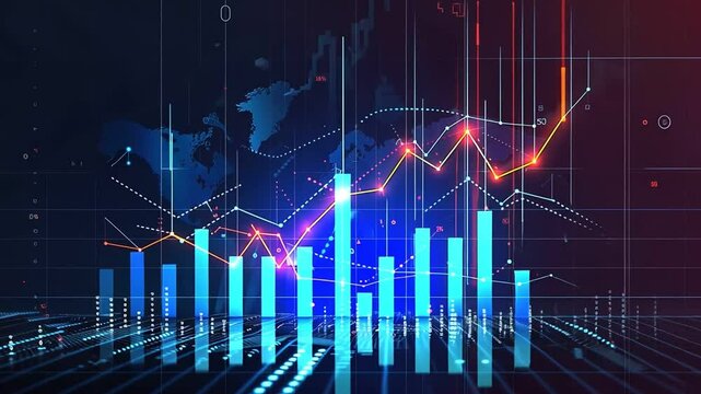 Abstract digital illustration of a global network with rising bar charts and line graphs.