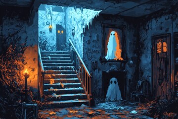 Retro Haunted House: Pixelated Ghosts and Spooky Ambiance in Classic 8-Bit Style