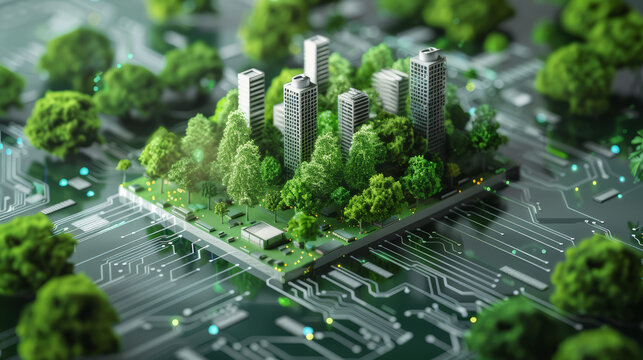 A 3D illustration depicts a futuristic green city merging urban architecture with circuit board elements.