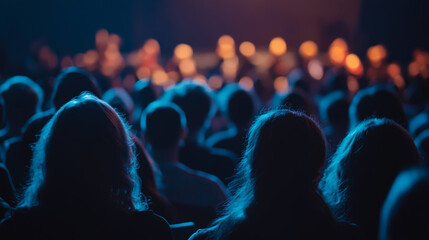 Obraz premium This photograph captures a dense crowd of people from behind as they focus intently on a stage in the foreground. Generative AI