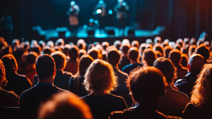 Obraz premium This photograph captures a dense crowd of people from behind as they focus intently on a stage in the foreground. Generative AI