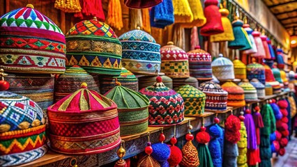 Colorful fez hats with tassels and intricate embroidery adorn shelves in a vibrant marketplace, surrounded by rich textiles and exotic trinkets, evoking a sense of cultural heritage.