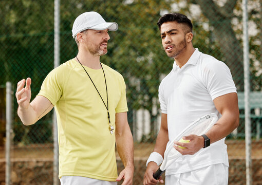 Court, tennis player and coach with instructions for sports, competition and game challenge with happiness. Outdoor, men or athlete with mentor for tips, training and skill development for tournament - Powered by Adobe