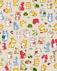 Fototapeta premium A cartoonish pattern of animals, including rabbits, cats, and turtles. Images and textures tileable, tileable pictures. background