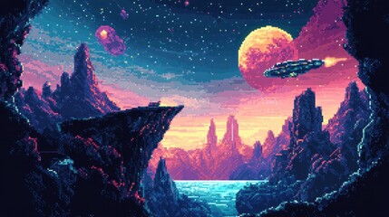 Fototapeta premium Retro Pixel Galaxy Exploration: 8-bit Spaceship in Cosmic Adventure